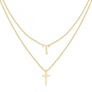 Layered Initial Necklace for Women, Fashion Cross Pendant Necklaces for Women, 18K Gold Plated Cute Letter Necklace A-Z, Hypoallergenic, Religious Christian Jewelry Birthday Gifts for Women