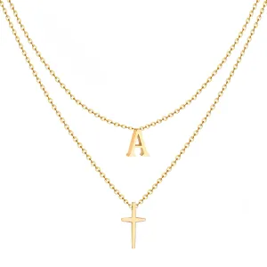 Layered Initial Necklace for Women, Fashion Cross Pendant Necklaces for Women, 18K Gold Plated Cute Letter Necklace A-Z, Hypoallergenic, Religious Christian Jewelry Birthday Gifts for Women