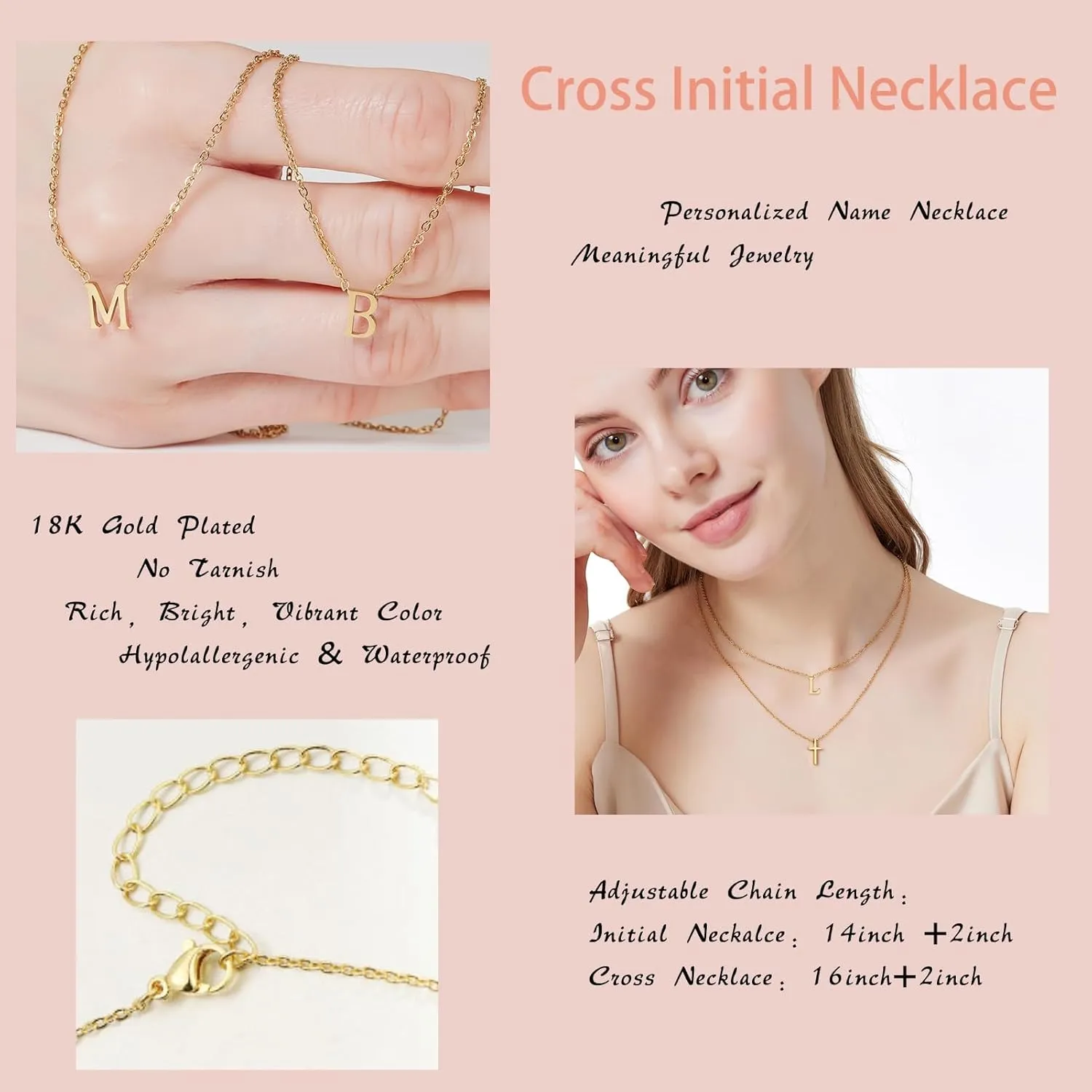 Layered Initial Necklace for Women, Fashion Cross Pendant Necklaces for Women, 18K Gold Plated Cute Letter Necklace A-Z, Hypoallergenic, Religious Christian Jewelry Birthday Gifts for Women