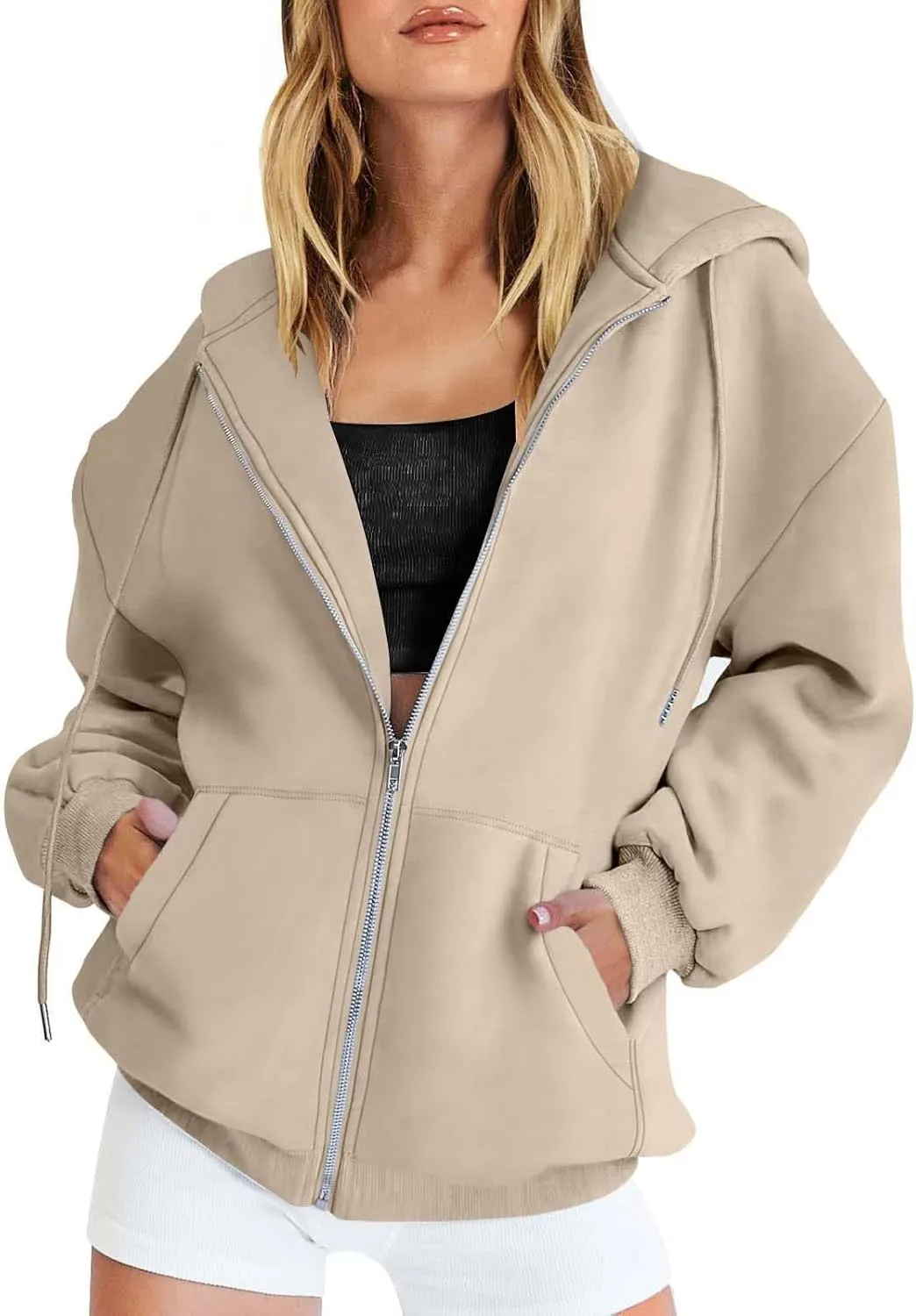 LCMTWX Womens Winter Fuzzy Fleece Jacket Sweatshirt Casual Drawstring Clothing Zipper Track Jacket Solid Color Hooded