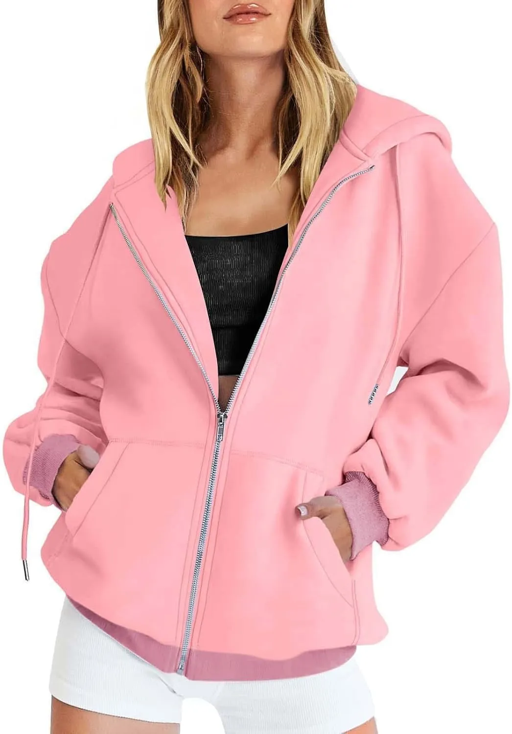 Light Weight Zip Up Hoodie Women Plus Size Cotton 2024 Jackets Clothing Casual Drawstring Jacket with Pockets