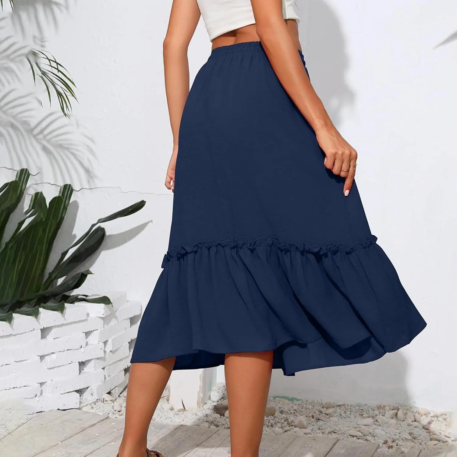 Long Ruffle Skirt for Women Fashion Flowy Boho Maxi Skirts Elastic High Wasit A-Line Pleated Tiered Beach