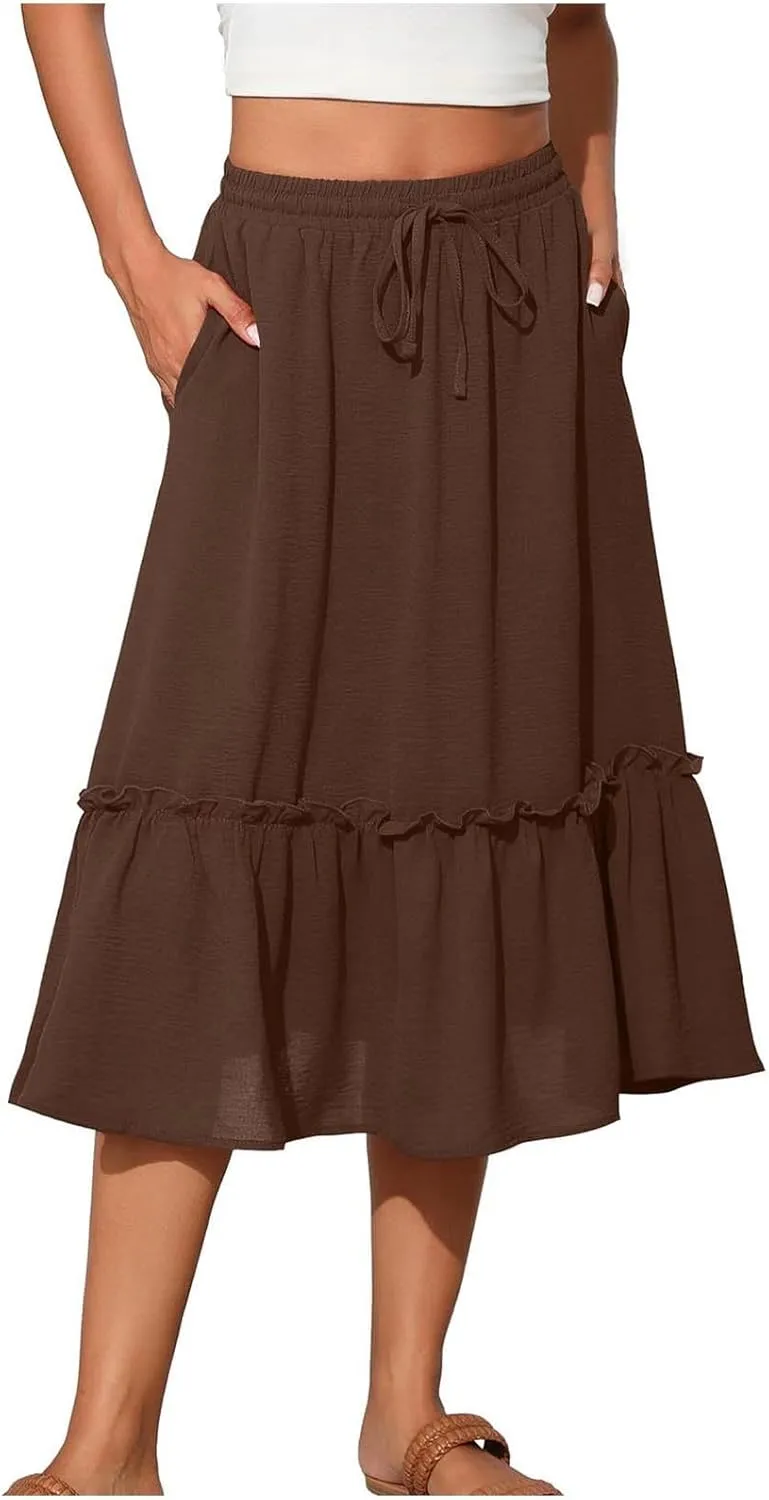 Long Ruffle Skirt for Women Fashion Flowy Boho Maxi Skirts Elastic High Wasit A-Line Pleated Tiered Beach