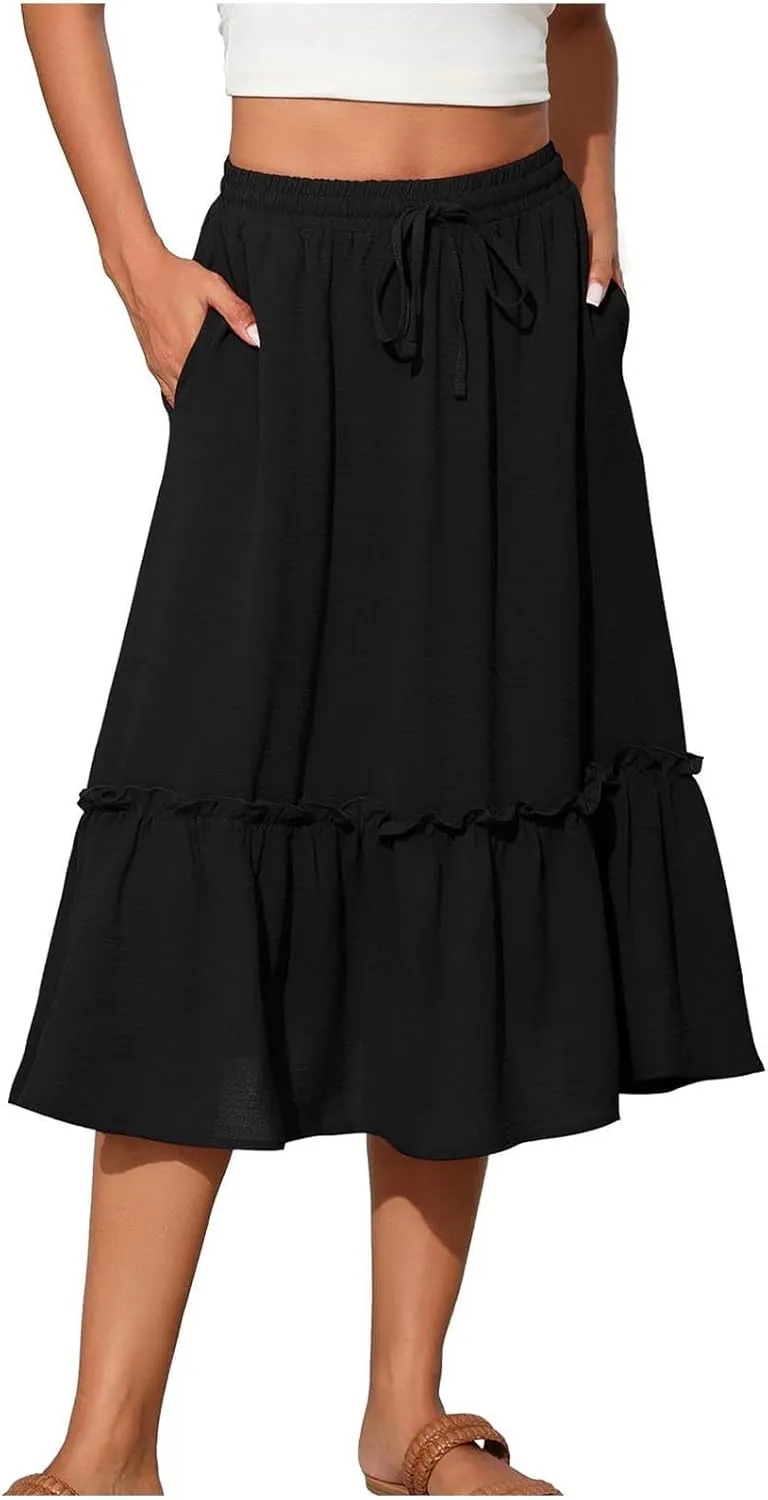 Long Ruffle Skirt for Women Fashion Flowy Boho Maxi Skirts Elastic High Wasit A-Line Pleated Tiered Beach