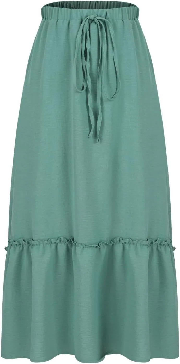 Long Ruffle Skirt for Women Fashion Flowy Boho Maxi Skirts Elastic High Wasit A-Line Pleated Tiered Beach
