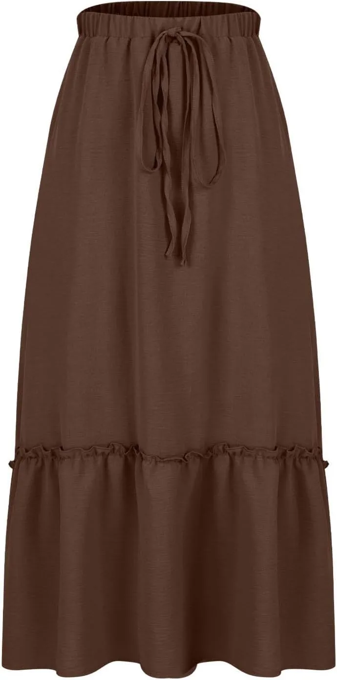 Long Ruffle Skirt for Women Fashion Flowy Boho Maxi Skirts Elastic High Wasit A-Line Pleated Tiered Beach