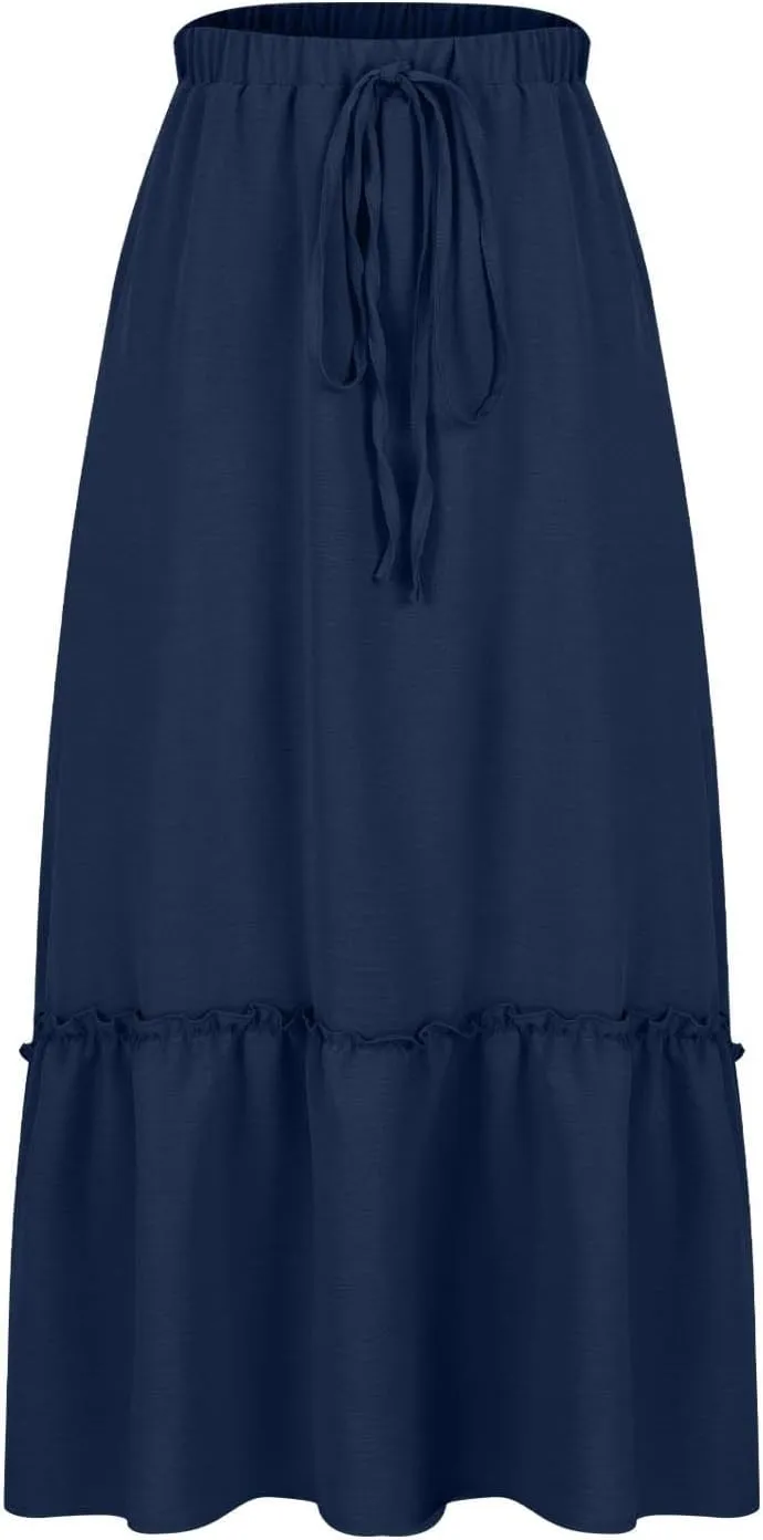 Long Ruffle Skirt for Women Fashion Flowy Boho Maxi Skirts Elastic High Wasit A-Line Pleated Tiered Beach