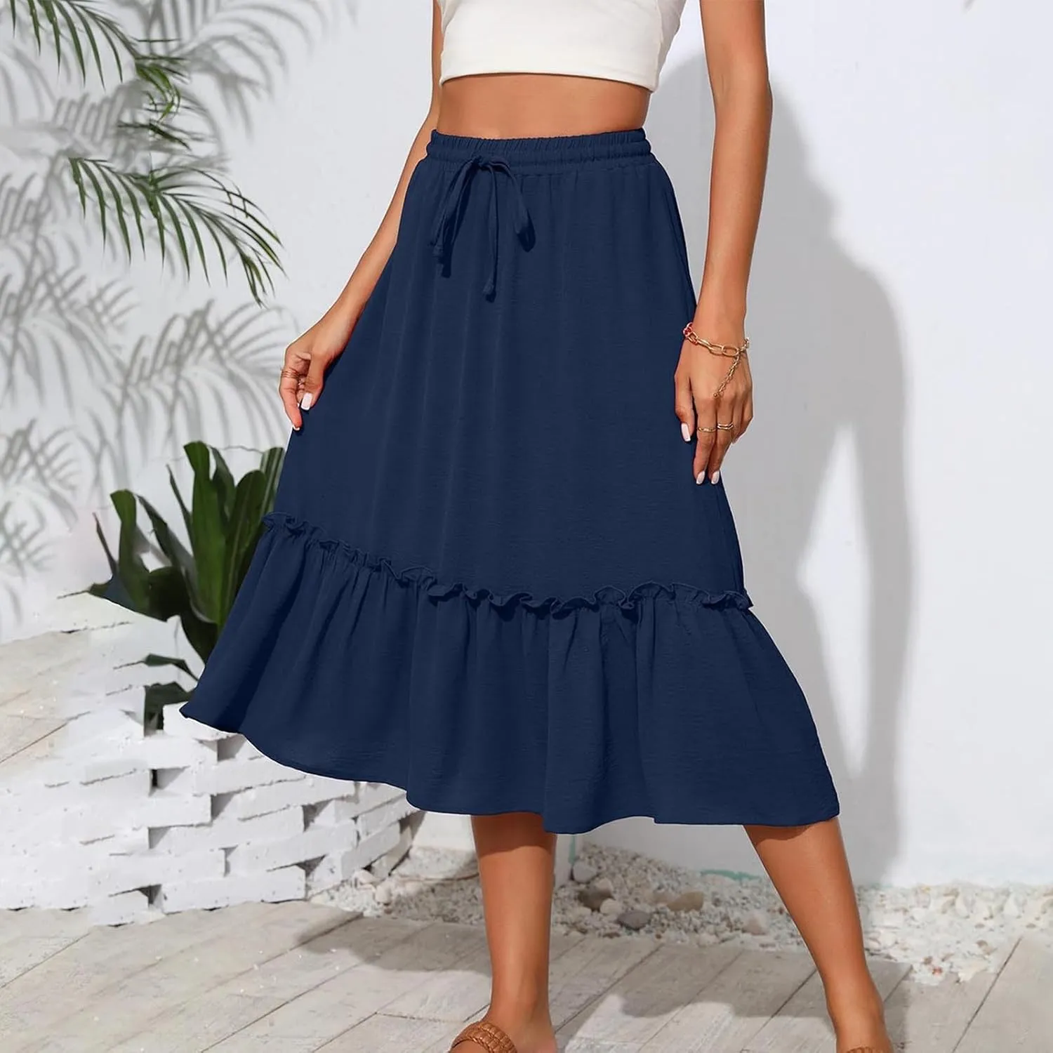 Long Ruffle Skirt for Women Fashion Flowy Boho Maxi Skirts Elastic High Wasit A-Line Pleated Tiered Beach