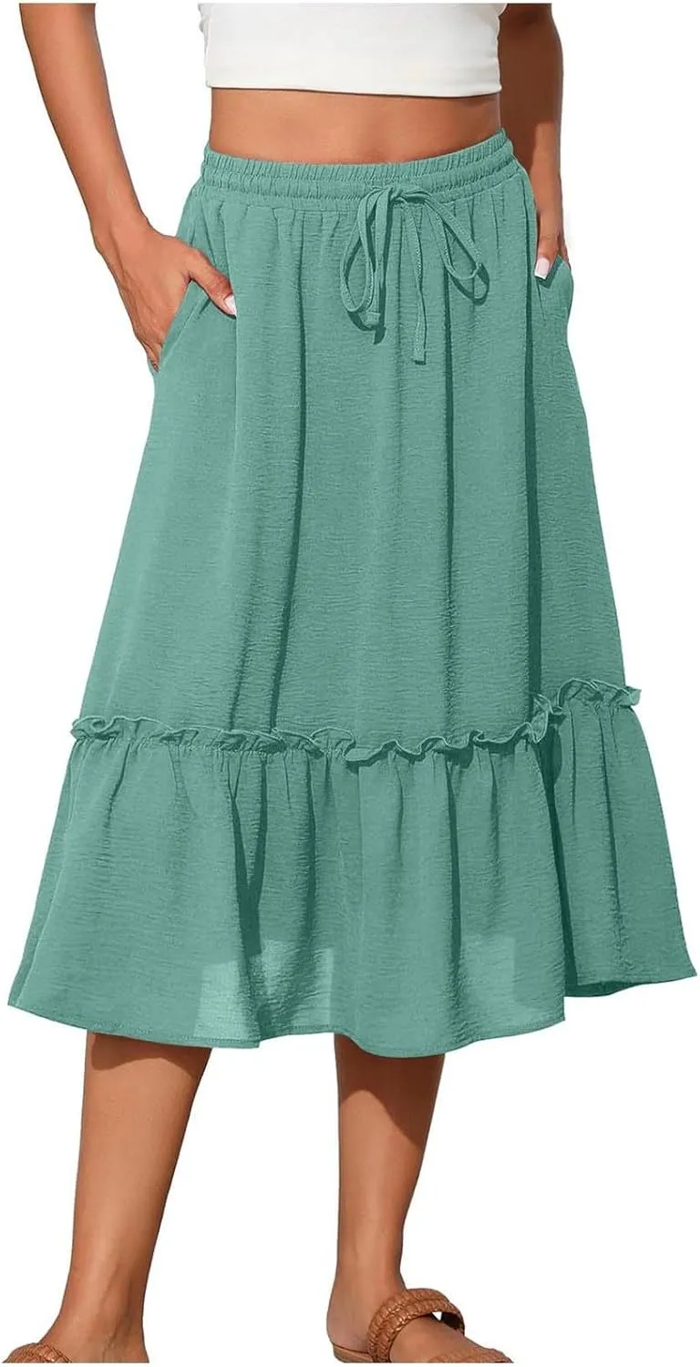 Long Ruffle Skirt for Women Fashion Flowy Boho Maxi Skirts Elastic High Wasit A-Line Pleated Tiered Beach