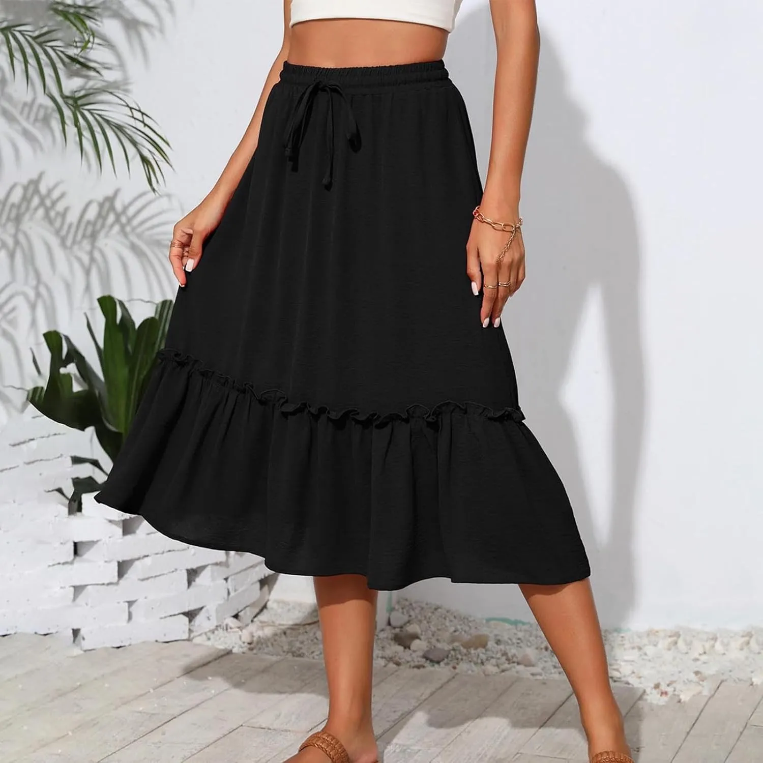Long Ruffle Skirt for Women Fashion Flowy Boho Maxi Skirts Elastic High Wasit A-Line Pleated Tiered Beach