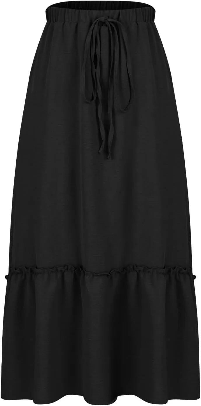 Long Ruffle Skirt for Women Fashion Flowy Boho Maxi Skirts Elastic High Wasit A-Line Pleated Tiered Beach
