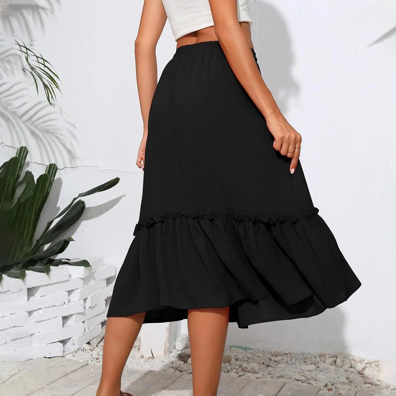 Long Ruffle Skirt for Women Fashion Flowy Boho Maxi Skirts Elastic High Wasit A-Line Pleated Tiered Beach