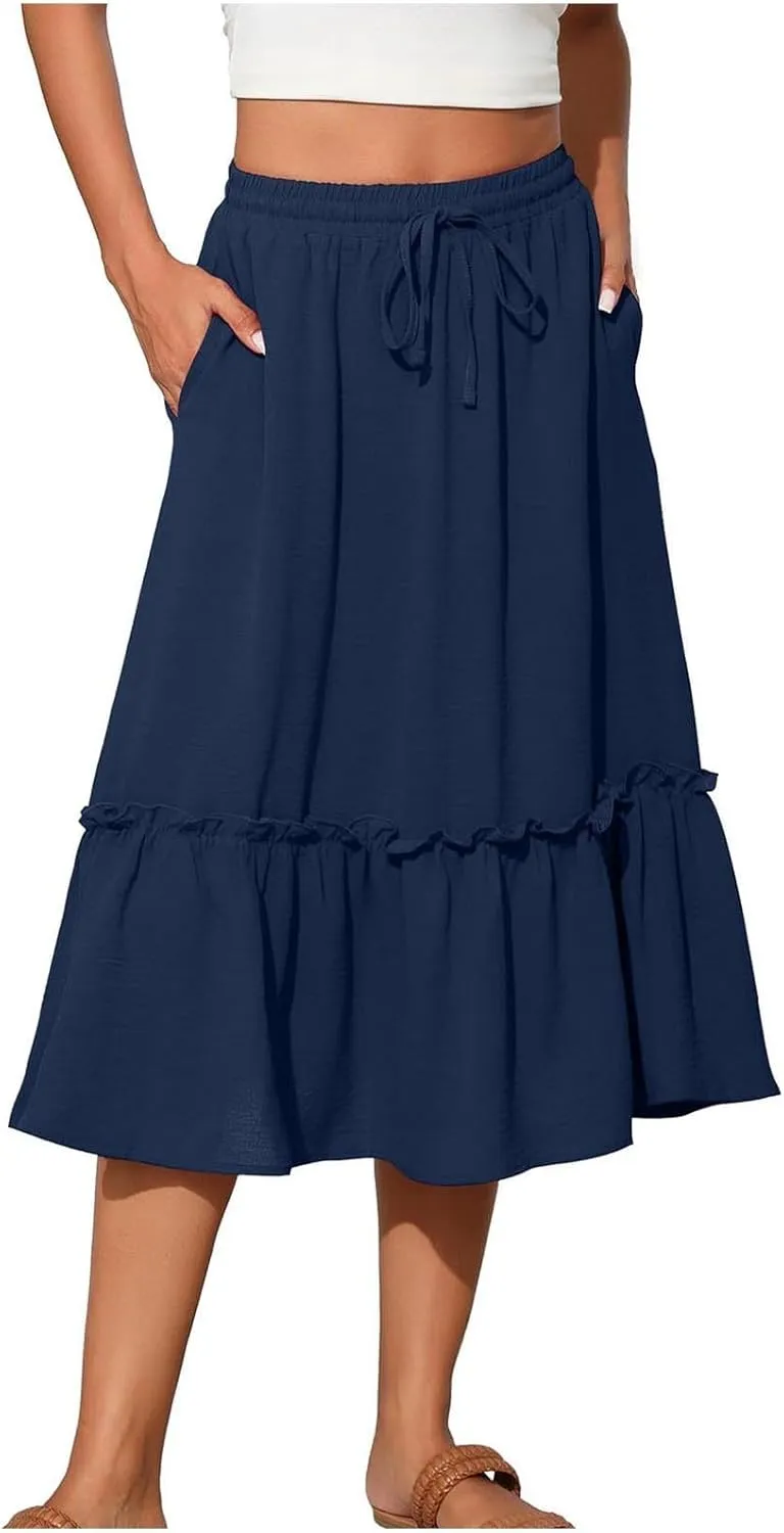 Long Ruffle Skirt for Women Fashion Flowy Boho Maxi Skirts Elastic High Wasit A-Line Pleated Tiered Beach