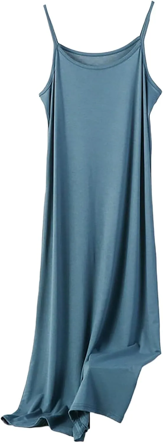Long Slip Dress for Women Adjustable Spaghetti Straps Cami Slip Dress Soft Crew Neck Nightgown Pajamas Under Dresses