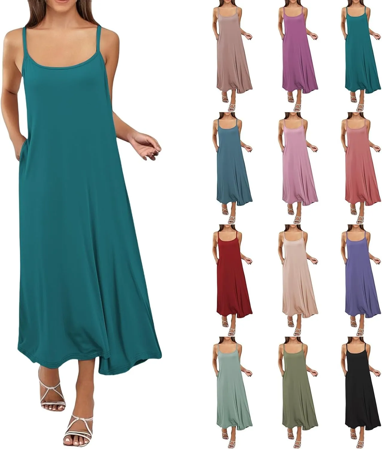 Long Slip Dress for Women Adjustable Spaghetti Straps Cami Slip Dress Soft Crew Neck Nightgown Pajamas Under Dresses