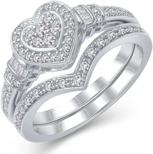 Love Heart 0.33 Cttw Composite Diamond Bridal Set in Sterling Silver | Engagement Ring Set & Promise Ring for Women | Fine Jewelry in I-J Color& I3 Clarity
