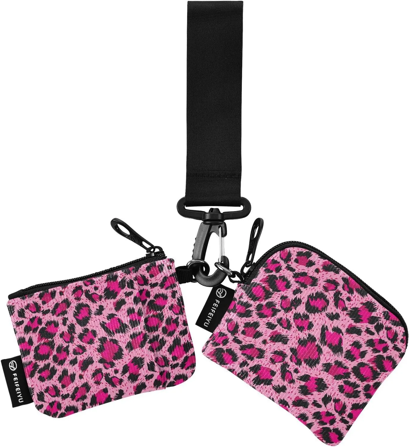 Luxury Pink Leopard Pattern Purple Wristlet Keychain Wallets for Women Portable Small Coin Purse