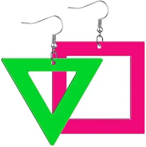 MALOYANVE 80s 90s Neon Earrings for Women Acrylic Retro Handmade Colorful Triangular Square Pendant Dangle Earrings for 80's Outfit Glow Party Accessories Jewelry