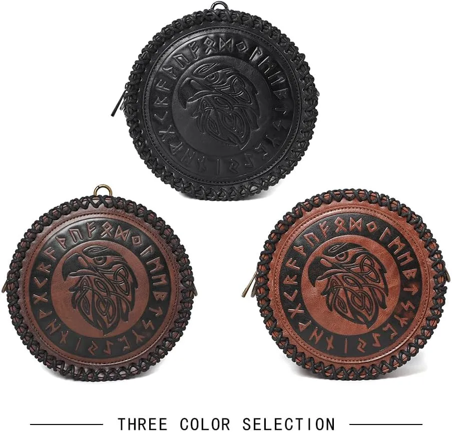 Medieval Nordic Embossed Belt with Belt Bag Viking Style Round Shoulder Bag Waist Bag Change Purse Faux Leather Belt and Coin Purse Pouch Set for Men Women