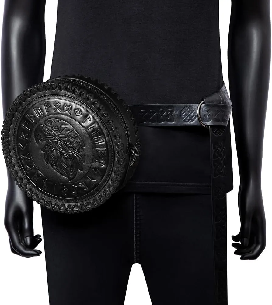Medieval Nordic Embossed Belt with Belt Bag Viking Style Round Shoulder Bag Waist Bag Change Purse Faux Leather Belt and Coin Purse Pouch Set for Men Women