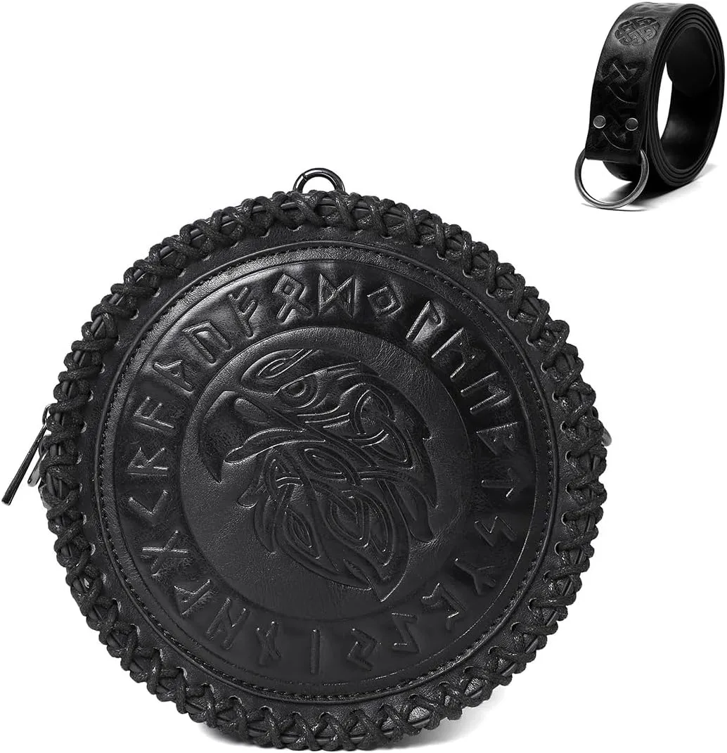 Medieval Nordic Embossed Belt with Belt Bag Viking Style Round Shoulder Bag Waist Bag Change Purse Faux Leather Belt and Coin Purse Pouch Set for Men Women