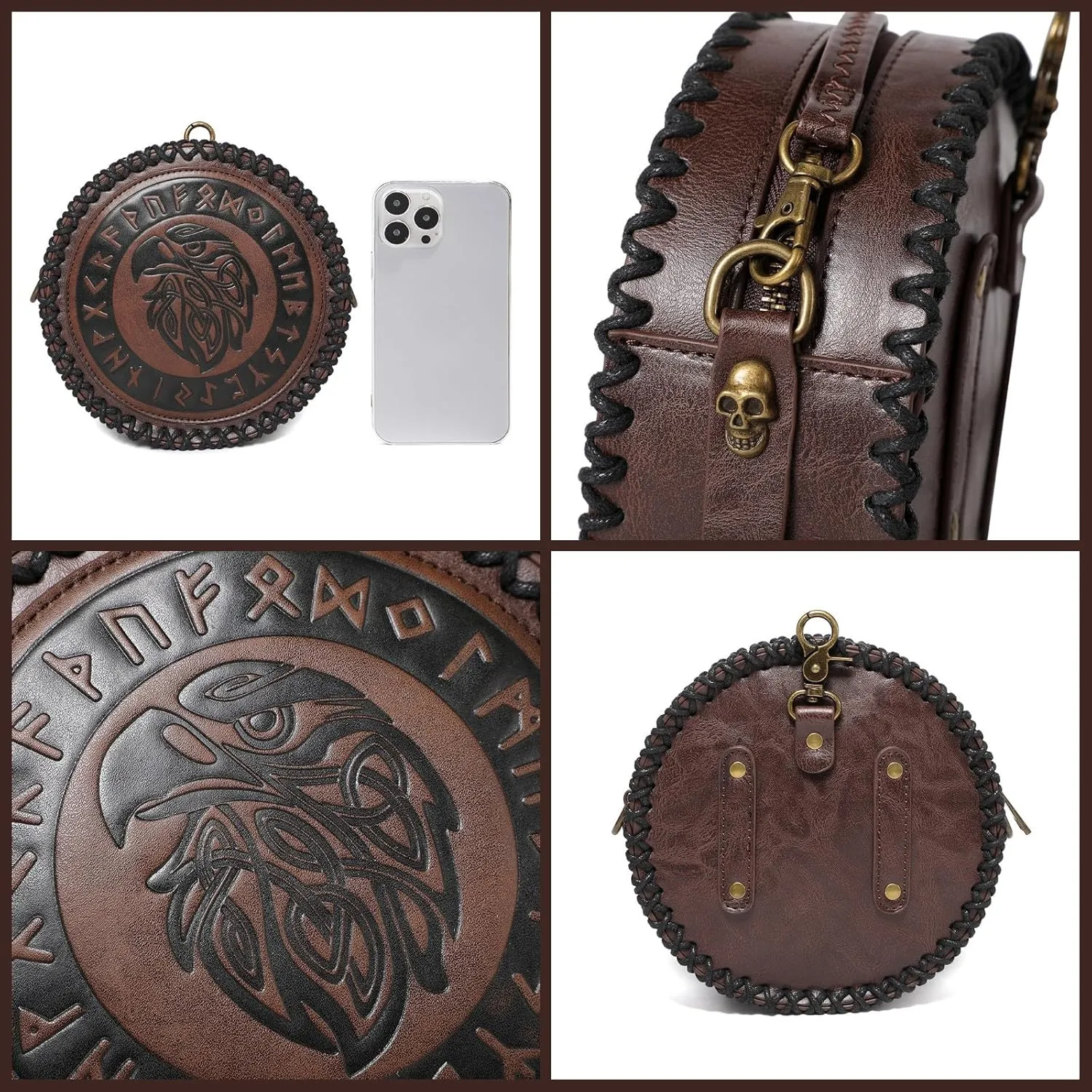 Medieval Nordic Embossed Belt with Belt Bag Viking Style Round Shoulder Bag Waist Bag Change Purse Faux Leather Belt and Coin Purse Pouch Set for Men Women