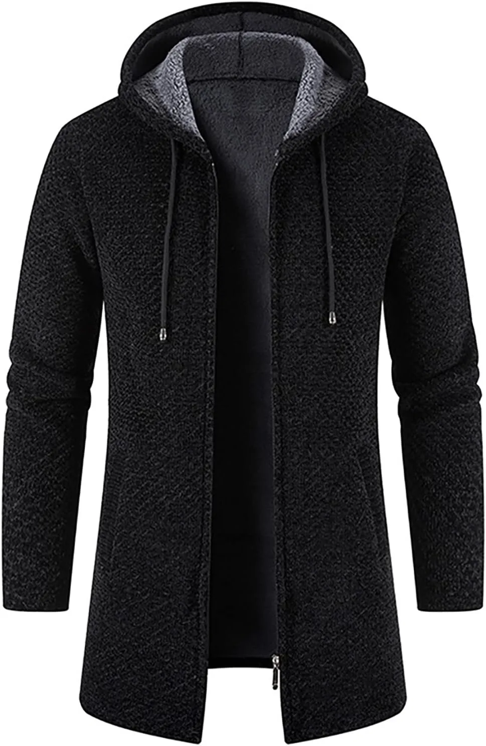 Men's Hooded Plush Plaid Knitting Drawstring Coat Sweater Warm Solid Color Jackets Tops