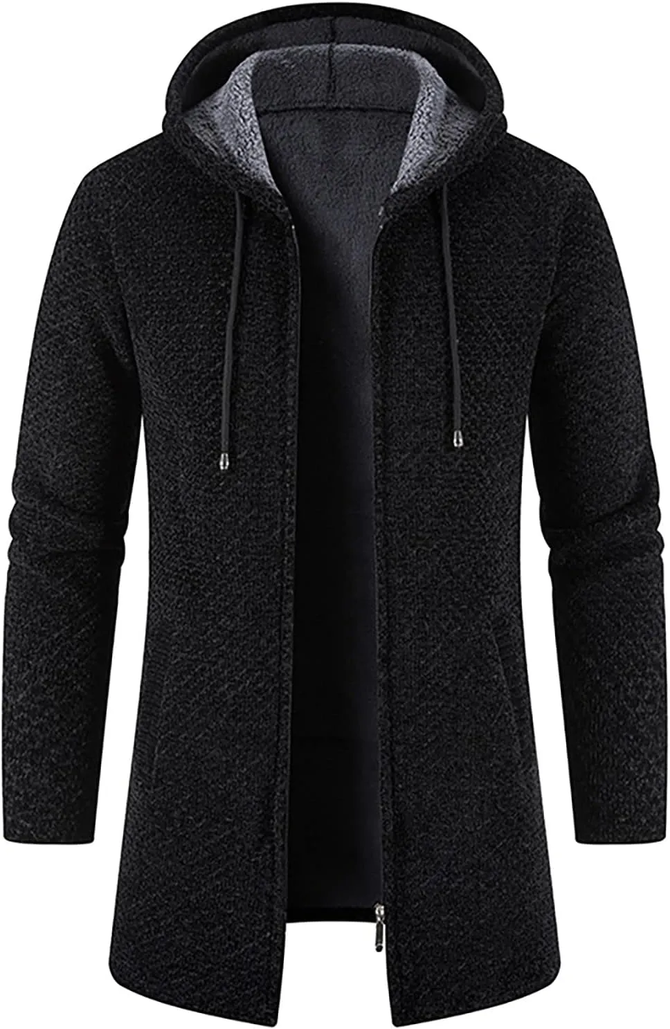 Men's Hooded Plush Plaid Knitting Drawstring Coat Sweater Warm Solid Color Jackets Tops