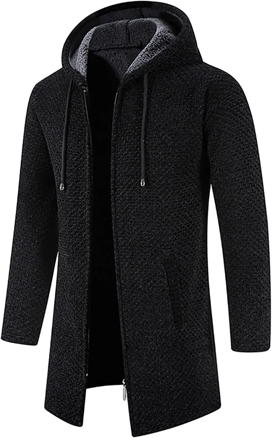 Men's Hooded Plush Plaid Knitting Drawstring Coat Sweater Warm Solid Color Jackets Tops