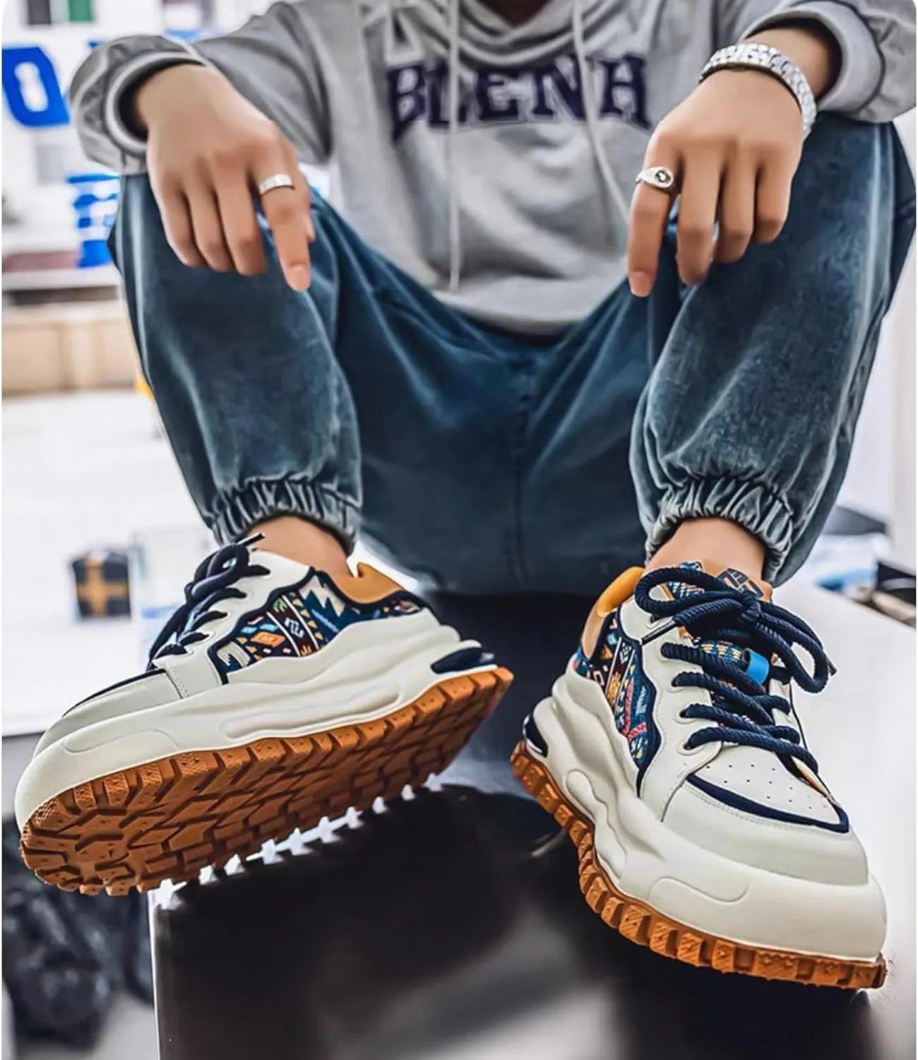 Men's Retro 2.16" Inch Platform Sneakers Breathable Leather Upper Fashion Casual Walking Skate Streetwear