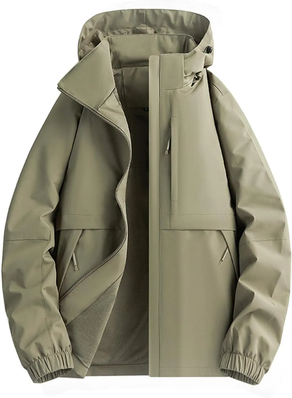 Mens Windbreaker Jackets Lightweight Waterproof Hooded Drawstring Jackets Outdoor Hiking Travel Coats with Pockets