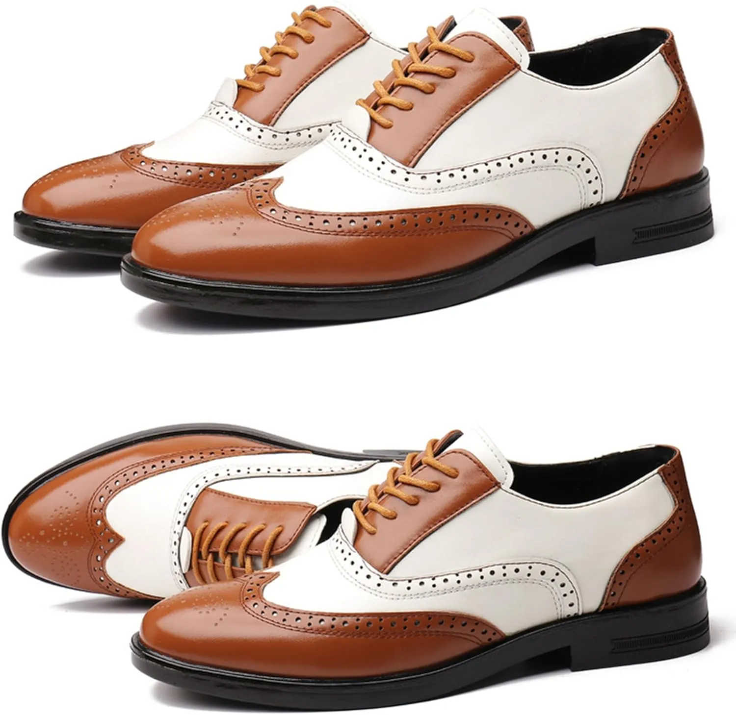 Men's Wingtip Patchwork Two Tone Brogue Oxfords Shoes Fashion Hand Stitched Round-Toe Lace up Low Top Leather Dress Shoes Comfortable Casual Business Formal Derby Shoes