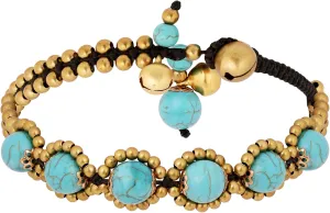 MINACHI Bohemian Flower Created Turquoise Bead and Brass Ankle Bracelet with Jingle Bell, Summer Jewelry for Women
