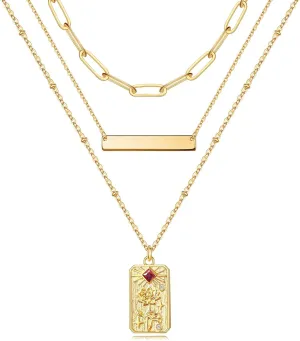 MJartoria Gold Layered Necklaces for Women Trendy Birth Flower Necklaces, July Birthstone Necklace, 14K Gold Plated Necklaces Engraved Stamped Flower Bar Pendant Personalized Necklace Birthday Gifts