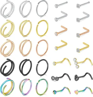 MODRSA Hoop Nose Rings - 20g L Shape Studs, Surgical Steel Corkscrew Hoops
