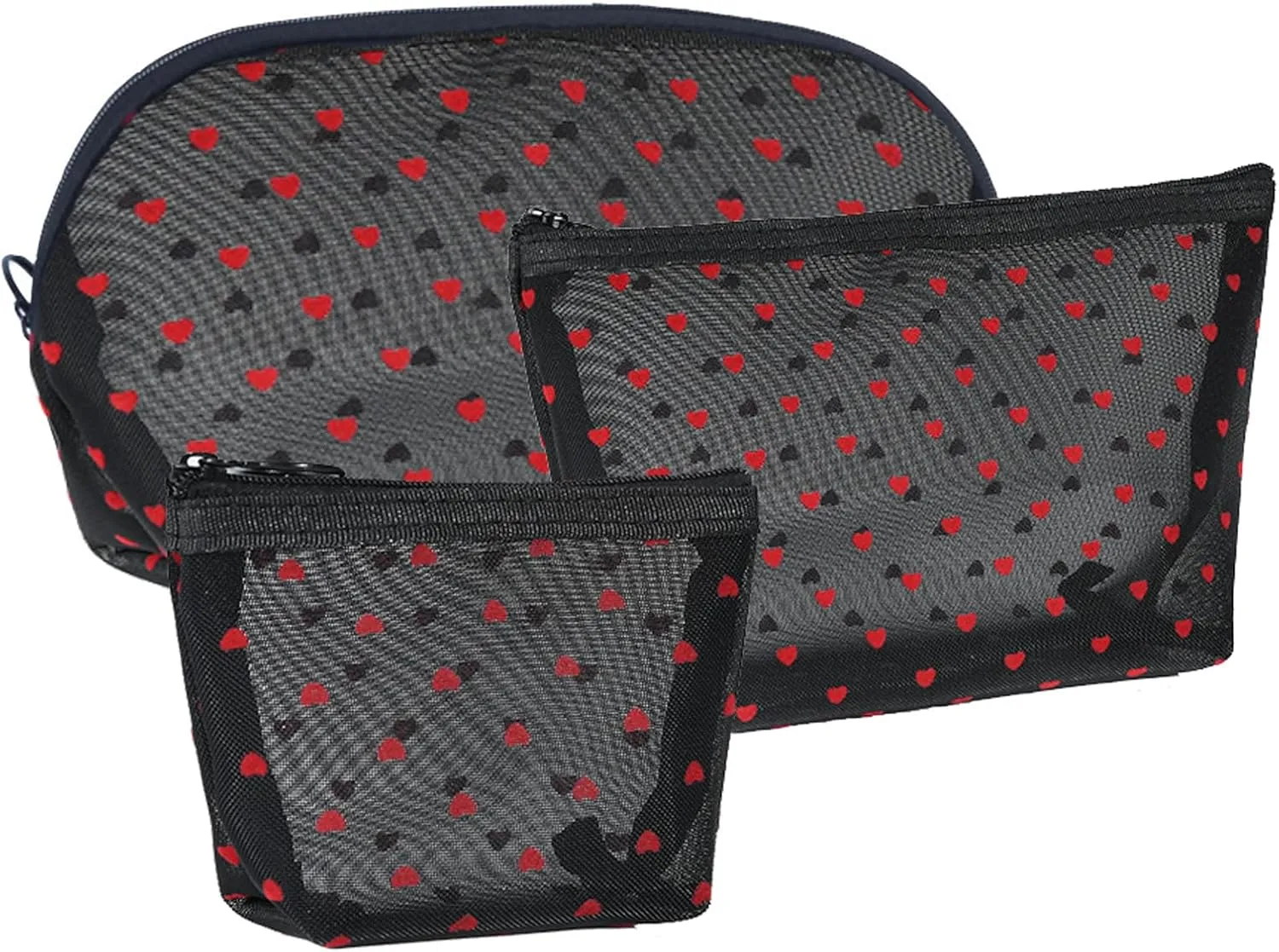 mollensiuer 3Pcs Heart Print Mesh Makeup Bags Cosmetic Organizer Pouch Mini Zipper Mesh Bags Small Toiletry Bag Zipper Pouches Bags for Beauty Makeup Lipstick Cosmetic Accessories Organizer, Black