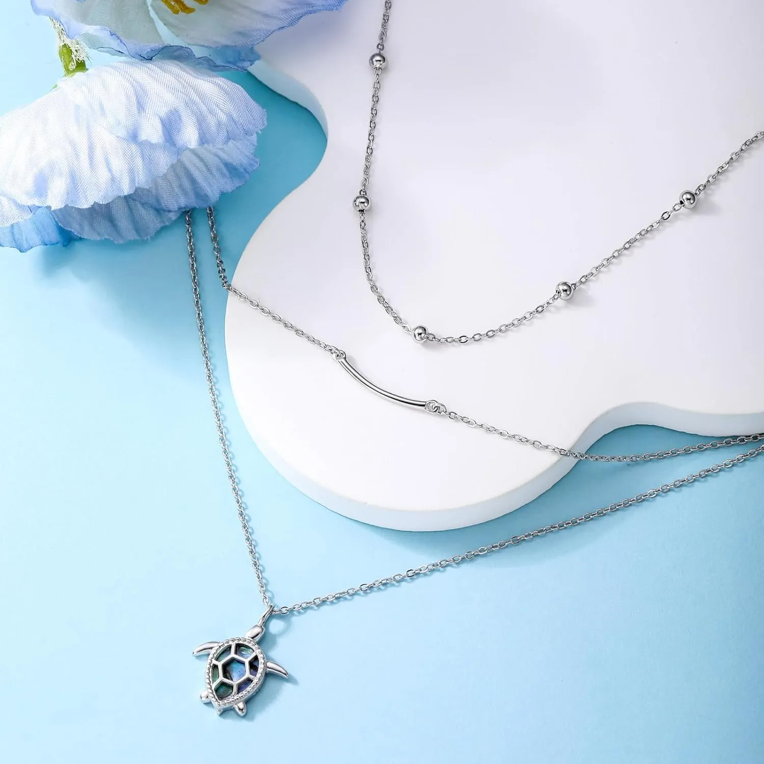 MONGAS Lotus/Turtle/Planet Star/Baseball Layered Necklace Sterling Silver Lotus Flower/Turtle/Planet Star Pendant Necklace Flower Jewelry for Women