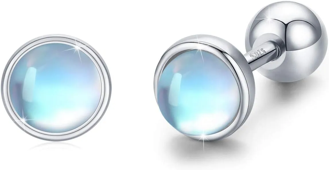 Moonstone Earrings 925 Sterling Silver Tragus Earrings Cartilage Earrings Screw Back Earrings Helix Piercing Jewelry Hypoallergenic Earrings for Women