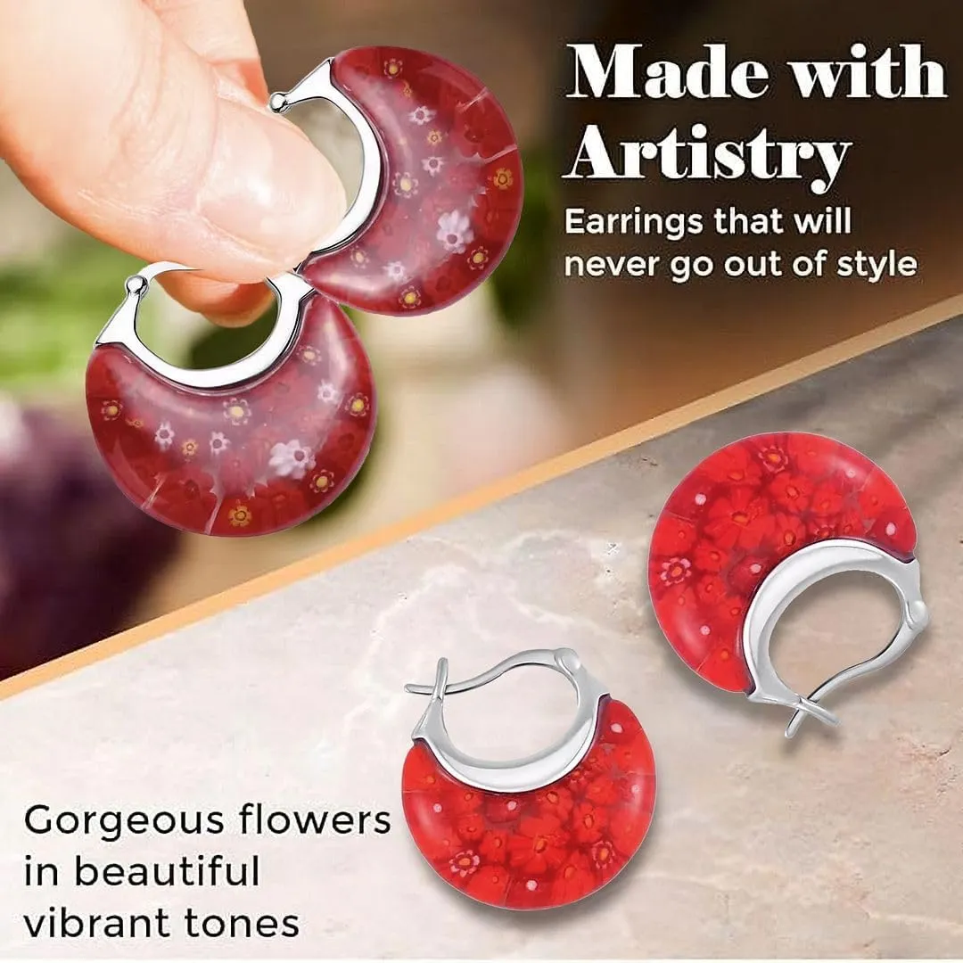 Murano Style Glass Hoop Earrings for Women Trendy Daisy Flower Stainless Steel Dangle Fun Vibrant Colors Teacher Glass Jewelry Unique Birthday Gifts for Women Birthday Anniversary 11.6 Gms