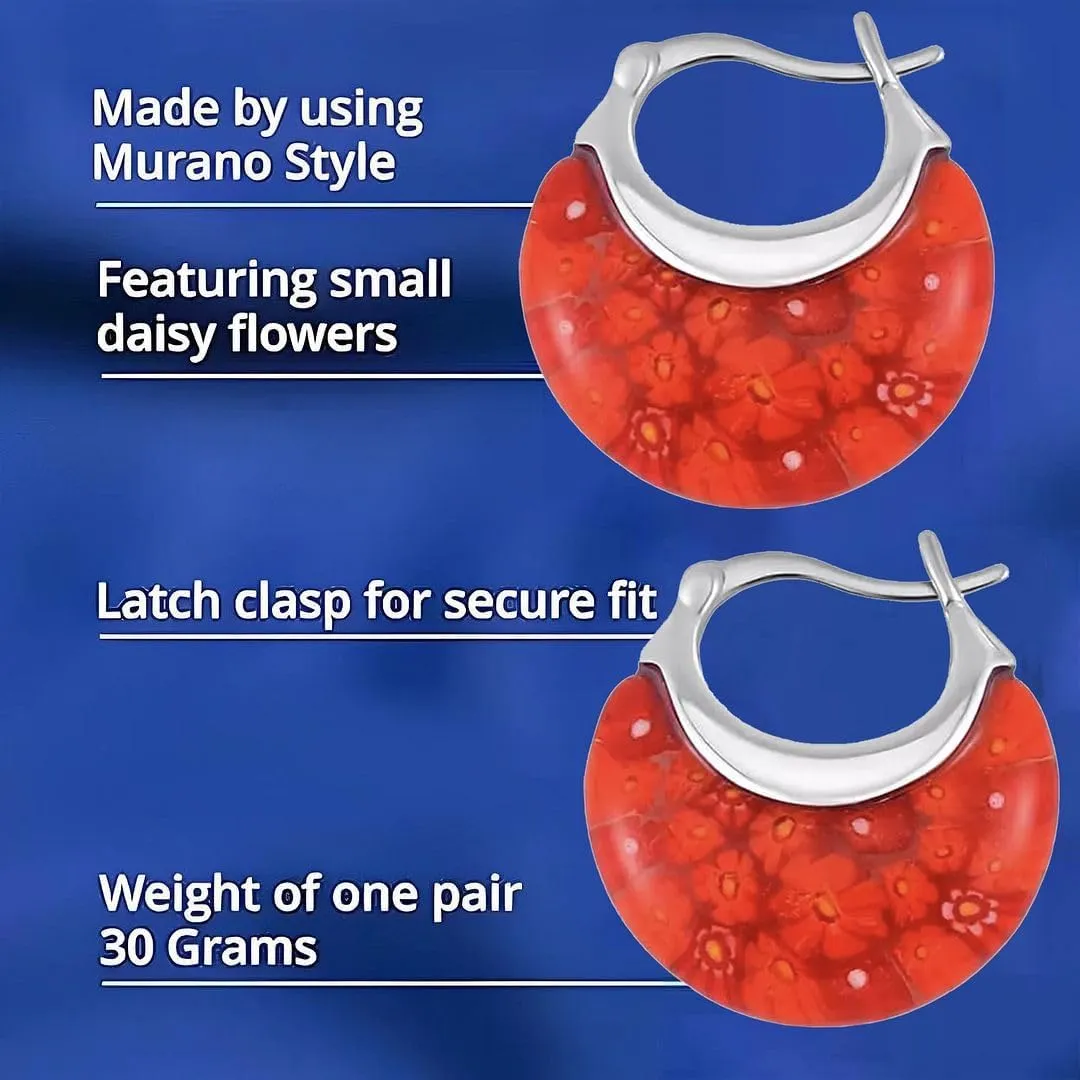 Murano Style Glass Hoop Earrings for Women Trendy Daisy Flower Stainless Steel Dangle Fun Vibrant Colors Teacher Glass Jewelry Unique Birthday Gifts for Women Birthday Anniversary 11.6 Gms
