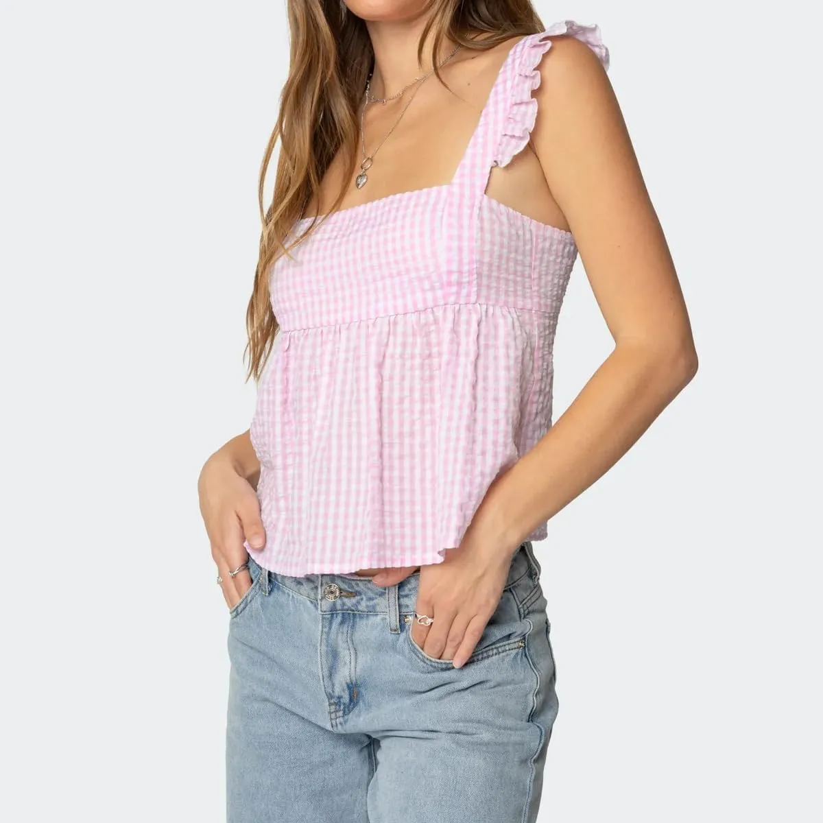Mxiqqpltky Women Cute Gingham Babydoll Camisole Y2k Spaghetti Strap Ruffle Flowy Tank Top Fairy Plaid Ruched Peplum Cami Top