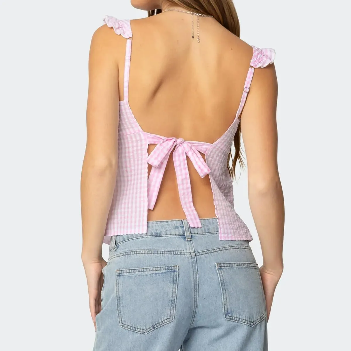 Mxiqqpltky Women Cute Gingham Babydoll Camisole Y2k Spaghetti Strap Ruffle Flowy Tank Top Fairy Plaid Ruched Peplum Cami Top
