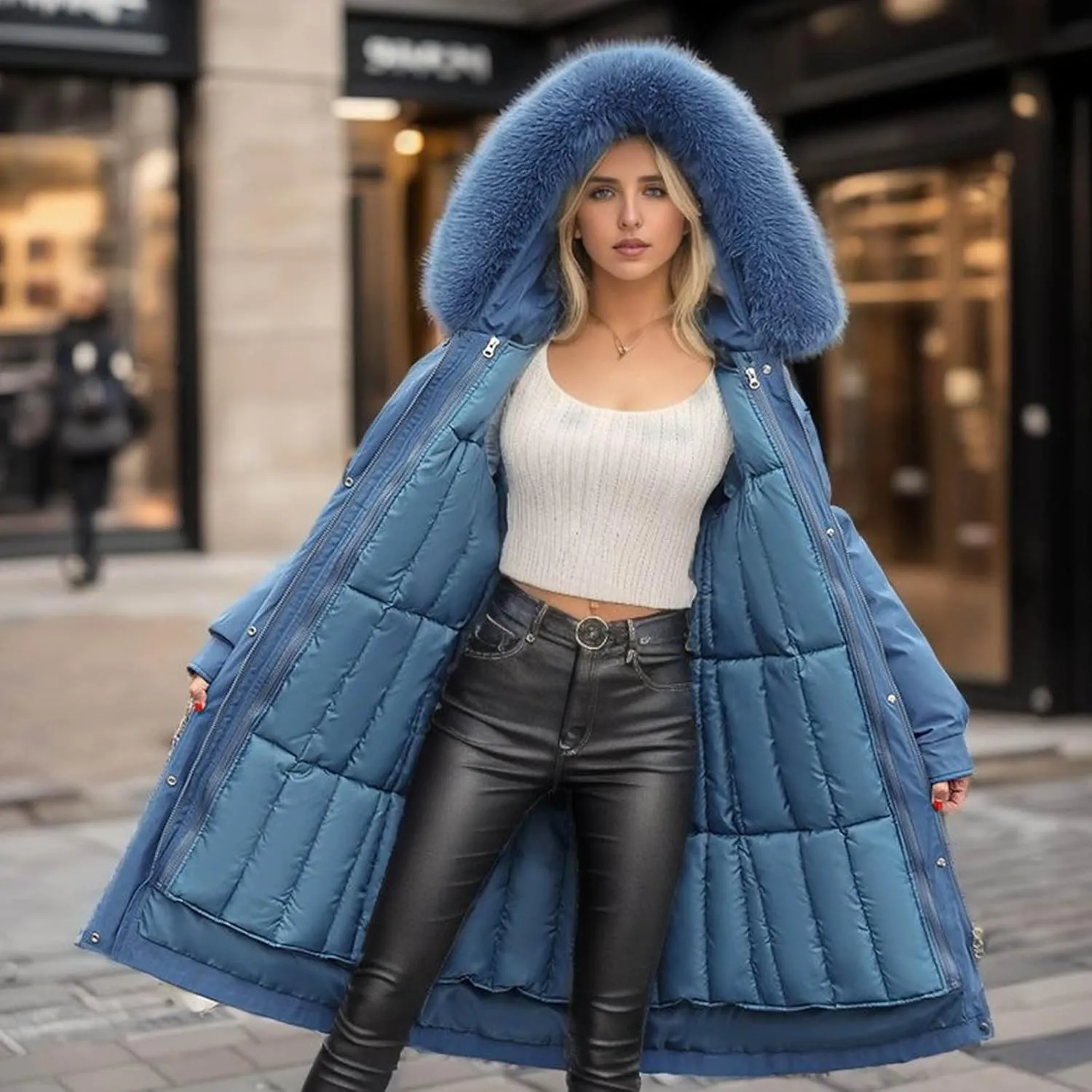 NATHGAM Women's Puffer Winter Warm Down Full Zip Up Long Sleeve Outdoor Thicken Mid Puffer Coat Warm Jacket with Faux Fur