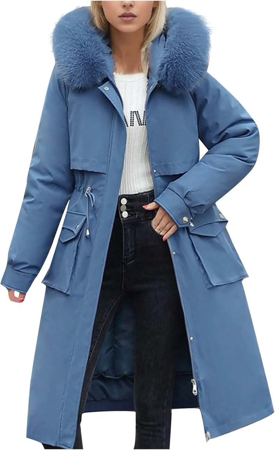NATHGAM Women's Puffer Winter Warm Down Full Zip Up Long Sleeve Outdoor Thicken Mid Puffer Coat Warm Jacket with Faux Fur