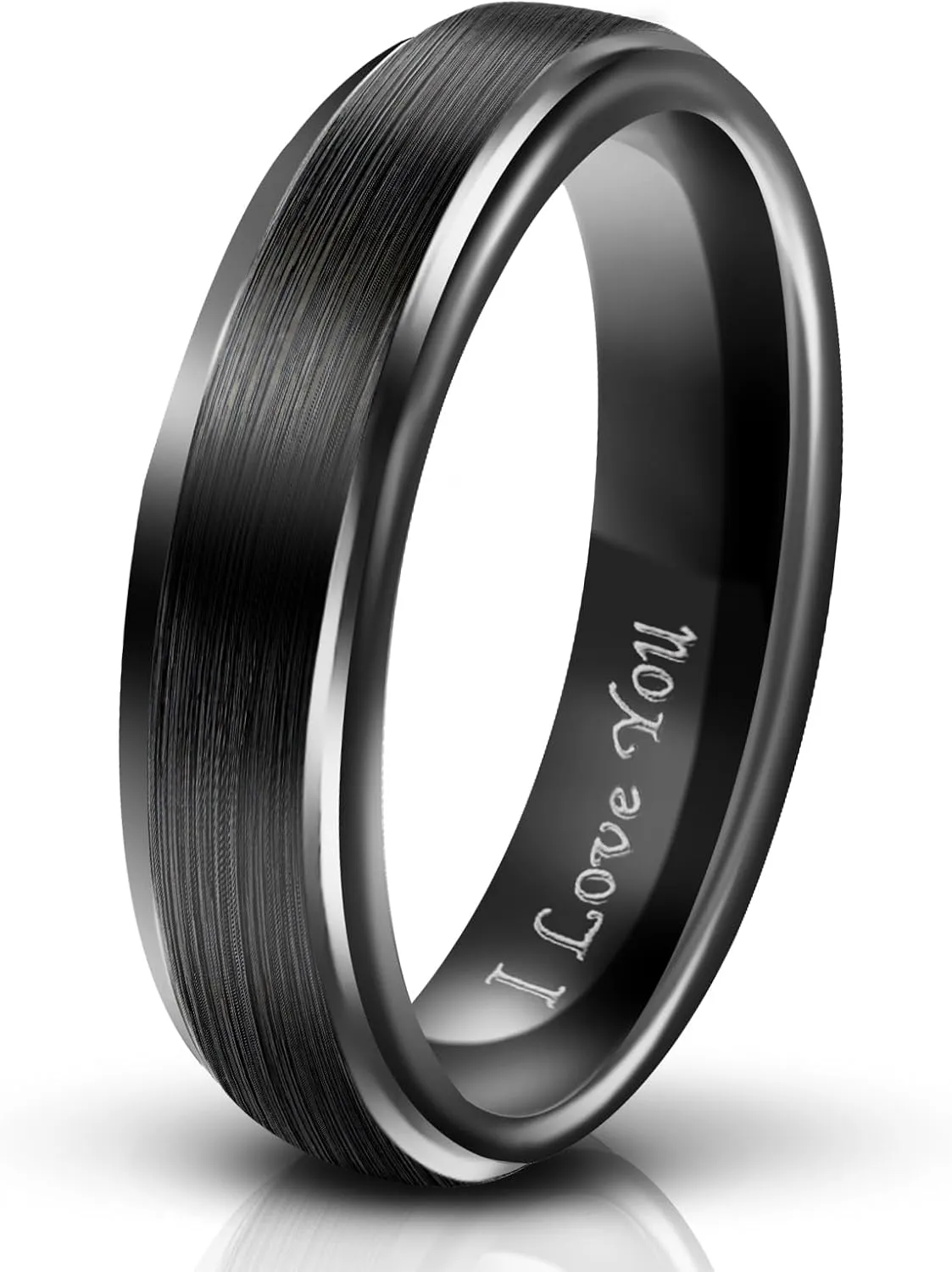 Netsky 6mm Tungsten Carbide Ring Mens Wedding Promise Engagement Ring Band for Men Women, Black Brushed Finish Step Edge Engraved with I Love You,Comfort Fit Size 7 to 13