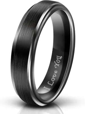 Netsky 6mm Tungsten Carbide Ring Mens Wedding Promise Engagement Ring Band for Men Women, Black Brushed Finish Step Edge Engraved with I Love You,Comfort Fit Size 7 to 13