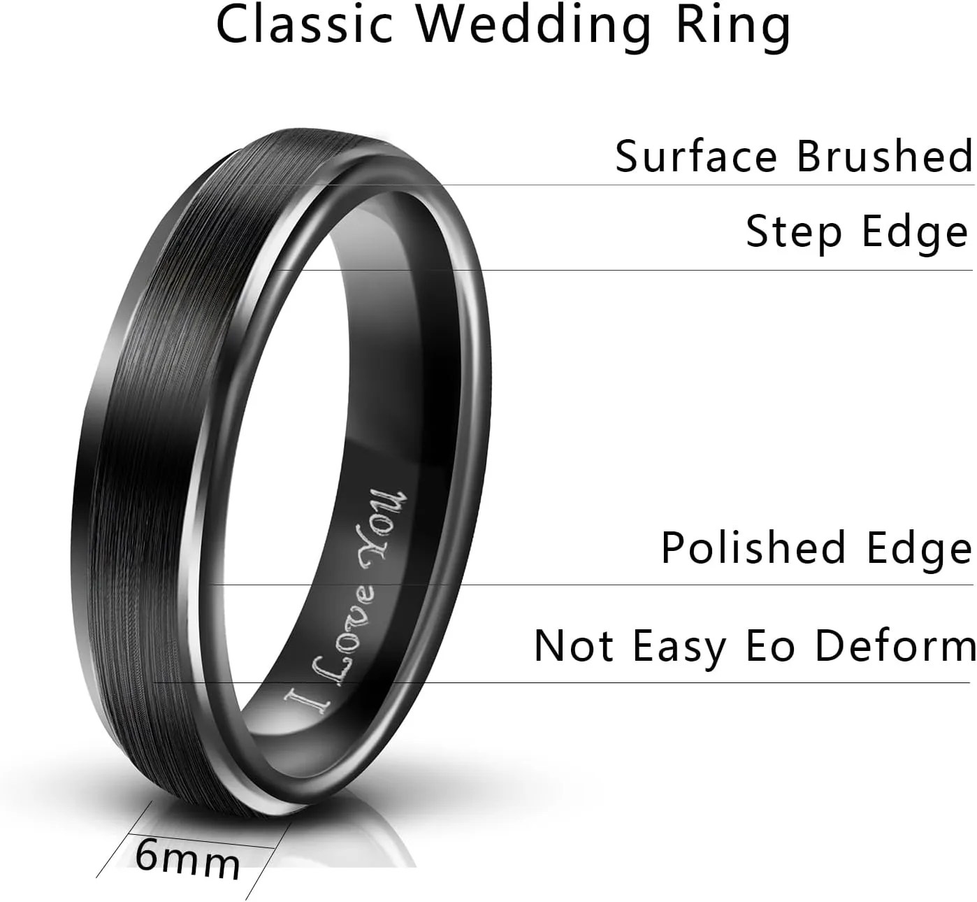 Netsky 6mm Tungsten Carbide Ring Mens Wedding Promise Engagement Ring Band for Men Women, Black Brushed Finish Step Edge Engraved with I Love You,Comfort Fit Size 7 to 13
