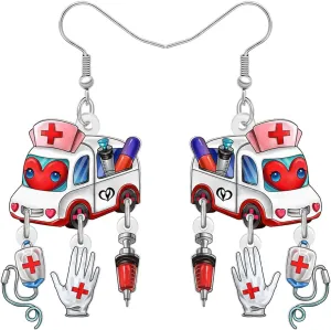 NEWEI Acrylic Cute Ambulance Bus Nurse Earrings Fun Medical Symbol Themed Nursing Graduation Earrings Dangle Appreciation Jewelry Gifts for Women Nurse Week Doctor RN