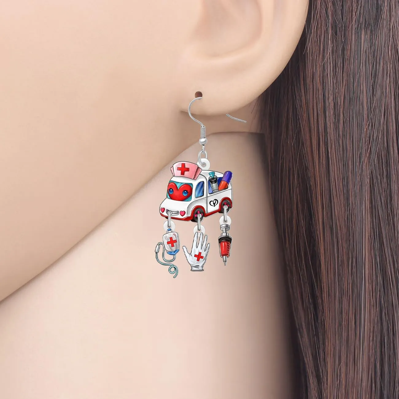 NEWEI Acrylic Cute Ambulance Bus Nurse Earrings Fun Medical Symbol Themed Nursing Graduation Earrings Dangle Appreciation Jewelry Gifts for Women Nurse Week Doctor RN