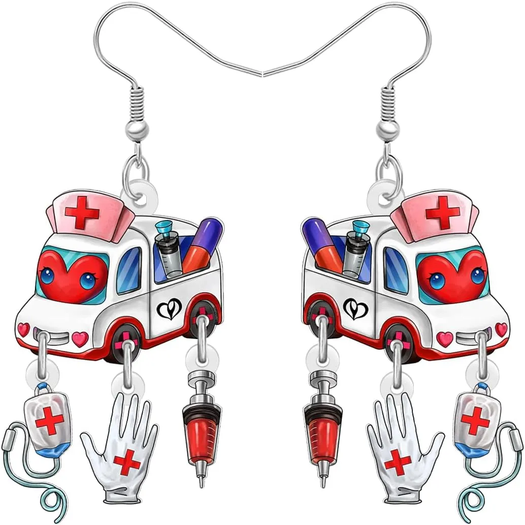 NEWEI Acrylic Cute Ambulance Bus Nurse Earrings Fun Medical Symbol Themed Nursing Graduation Earrings Dangle Appreciation Jewelry Gifts for Women Nurse Week Doctor RN